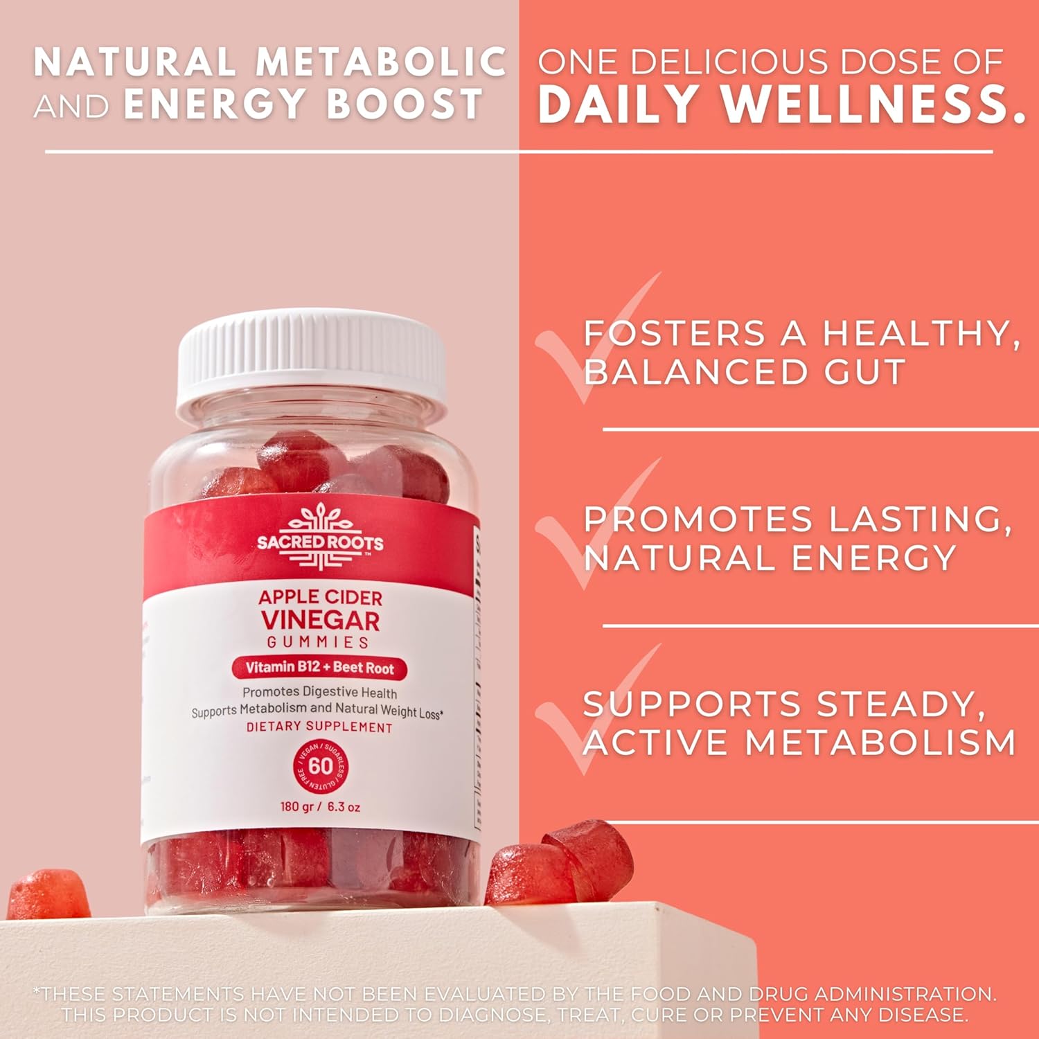 Organic Apple Cider Vinegar Gummies with Vitamin B12 and Beetroot Powder - Vegan, Sugar-Free, Non-GMO & Gluten-Free - Made in USA (30 Servings) - Espot.com.au