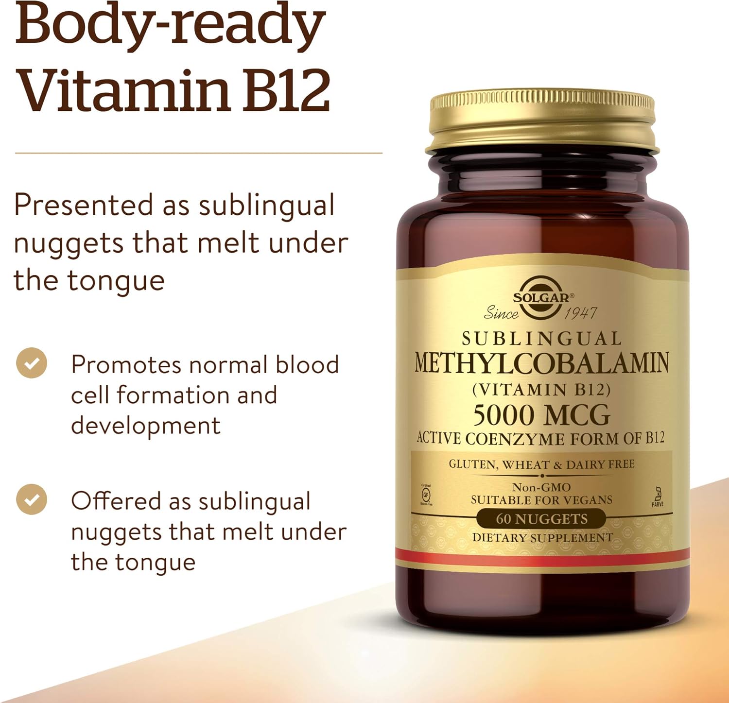Solgar Methylcobalamin B12 5000 mcg Nuggets - Energy Support, Active B12 Form, Non-GMO, Vegan, Gluten & Dairy Free - 60 Count - Espot.com.au