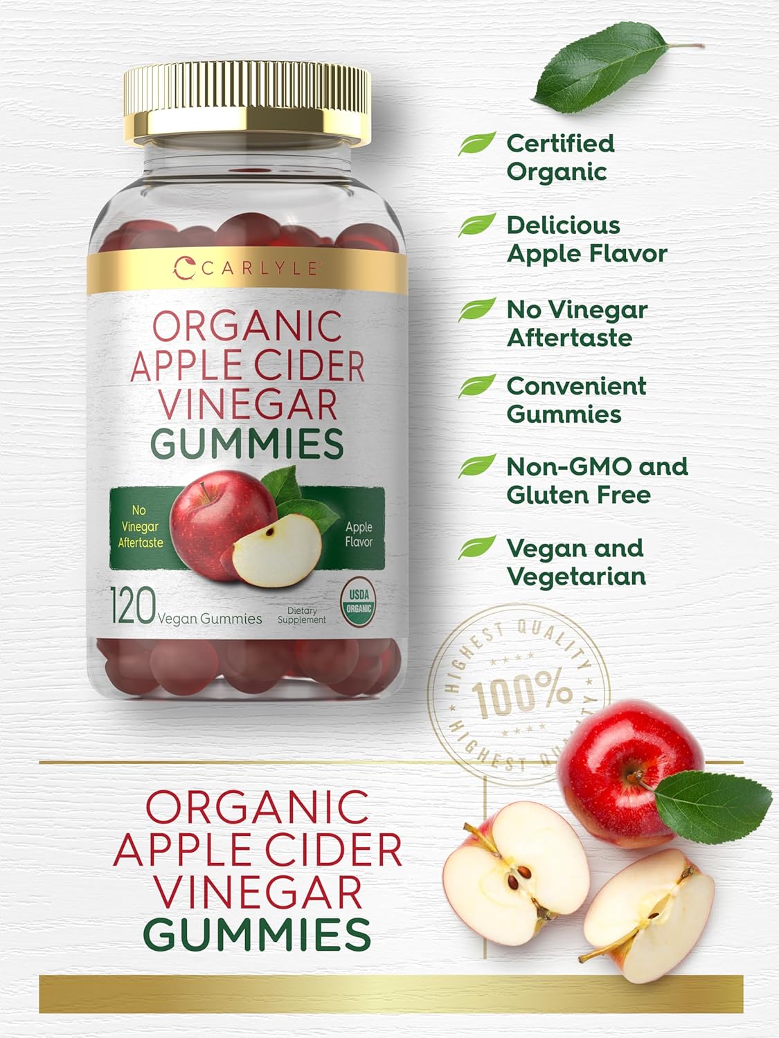 Organic Apple Cider Vinegar Gummies - 120 Count | USDA Certified, Vegan & Gluten-Free | Apple Flavor - Carlyle - Espot.com.au