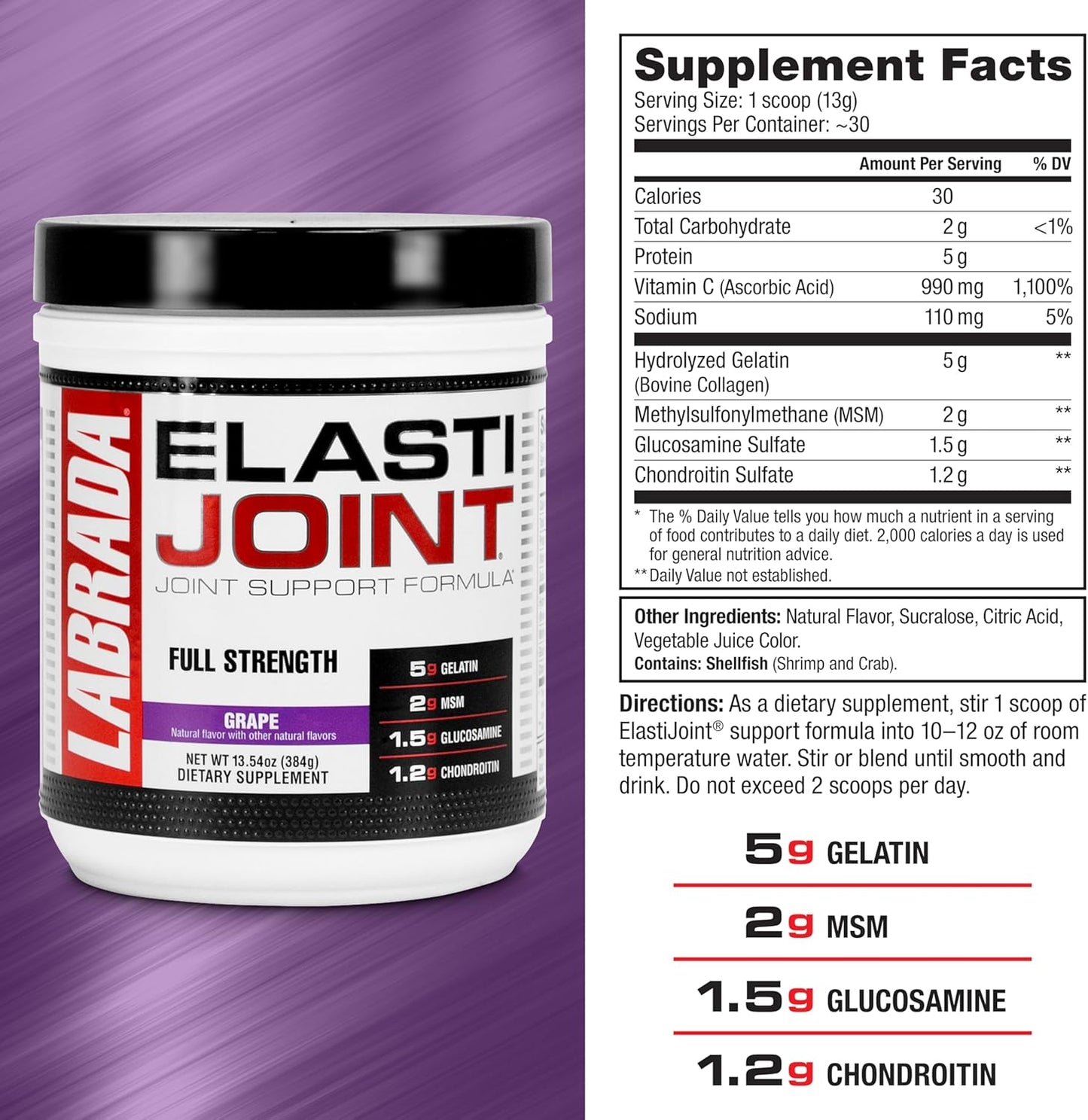 Labrada Nutrition Elastijoint Grape Glucosamine Joint Support Powder - Men & Women, Pain Relief & Bone Health Supplement, Gluten-Free Formula with Chondroitin & MSM - Espot.com.au
