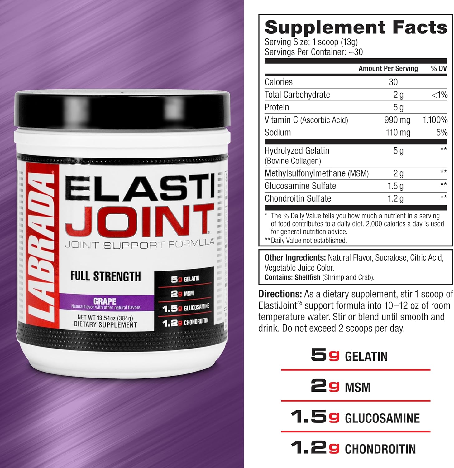 Labrada Nutrition Elastijoint Grape Glucosamine Joint Support Powder - Men & Women, Pain Relief & Bone Health Supplement, Gluten-Free Formula with Chondroitin & MSM - Espot.com.au