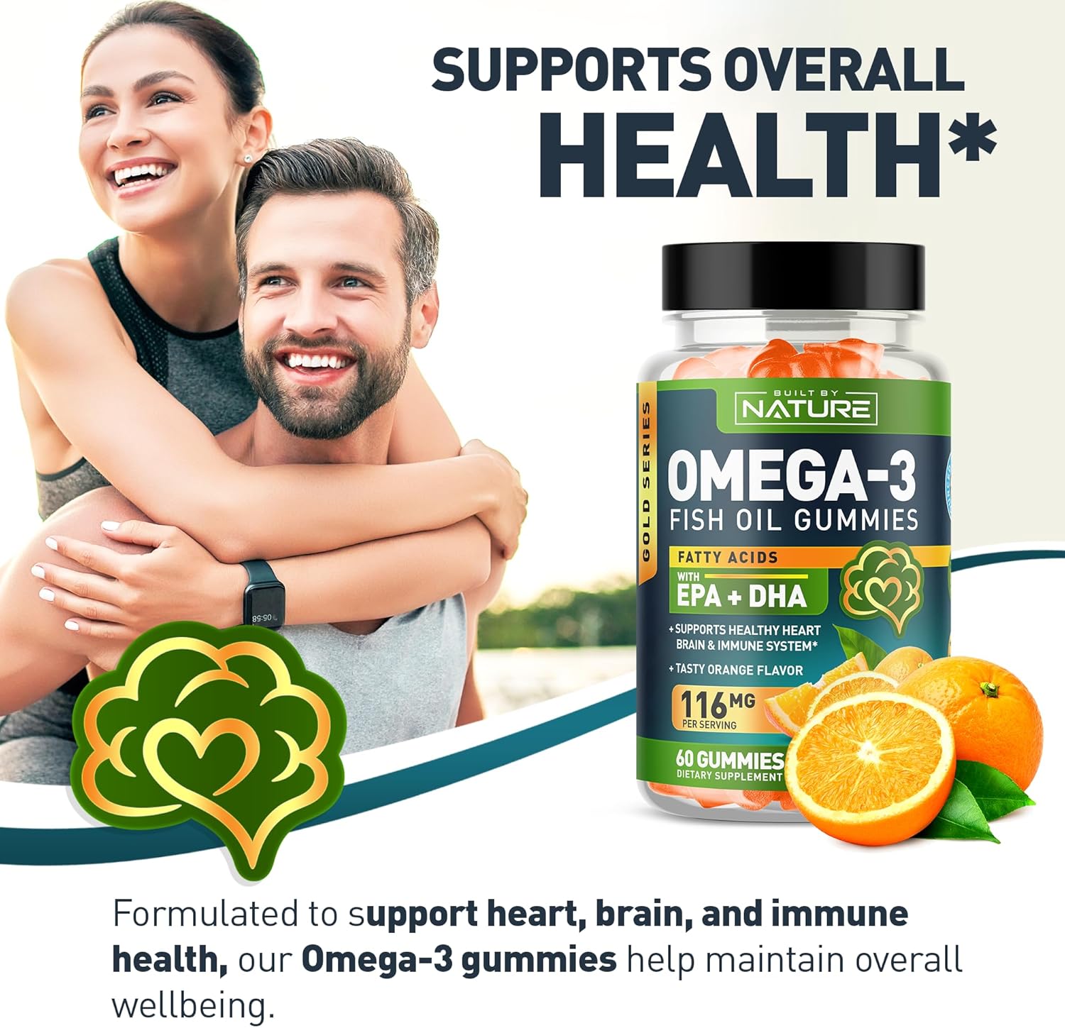 Triple Strength Omega 3 Fish Oil Gummies with EPA & DHA, 60 Gummies - Supports Heart, Brain & Immune System - Natural, Burpless Formula - 30 Day Supply - Made from Wild Fish - Espot.com.au