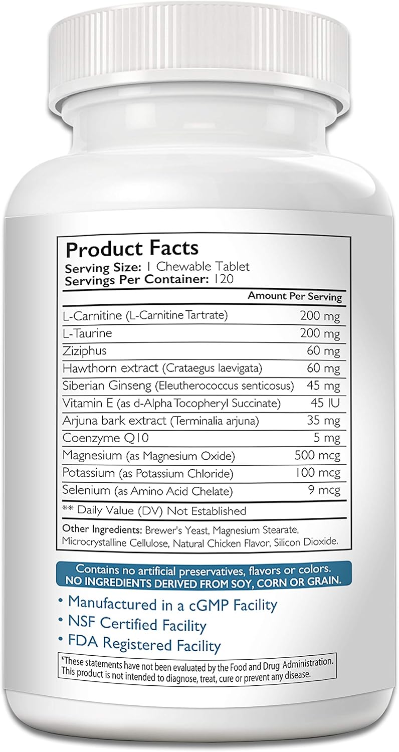Dog Heart Health Supplement with Taurine & Carnitine for Cardiovascular Support - 120 Chewable Tablets to Promote Blood Circulation and Heart Muscle Integrity - Espot.com.au