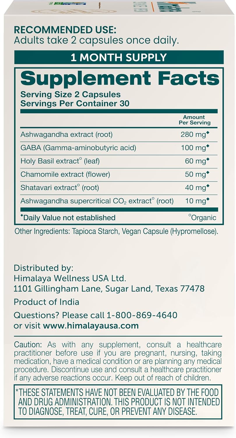 Himalaya Ashwagandha+ with GABA, Holy Basil & Chamomile - Stress Relief & Relaxation - Vegan, Gluten Free - 540mg, 60 Capsules - Espot.com.au