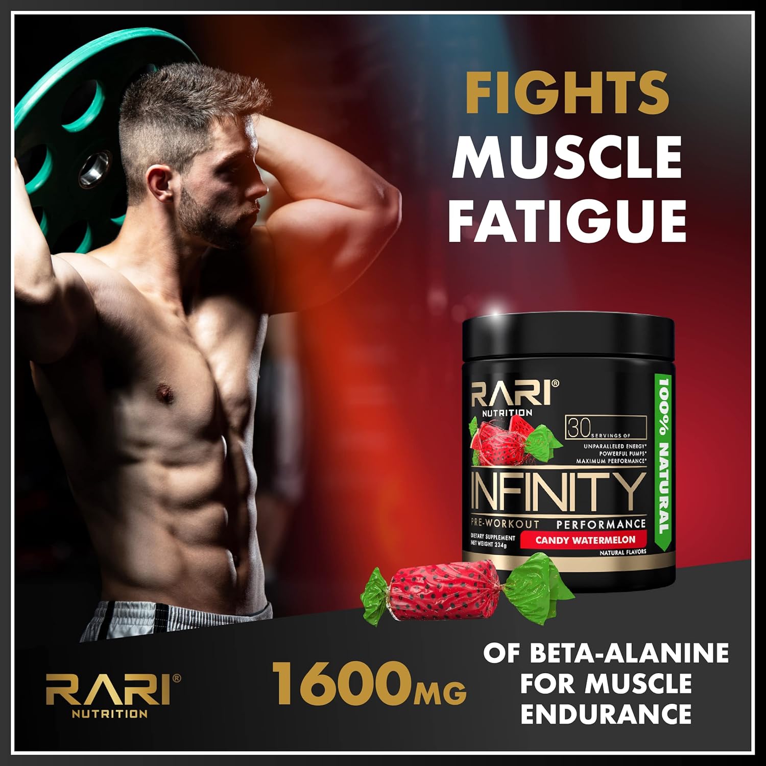 RARI Nutrition Infinity Pre Workout Performance Powder - 30 Servings, High-Performance Energy Drink for Women and Men - Candy Watermelon Flavor - Espot.com.au