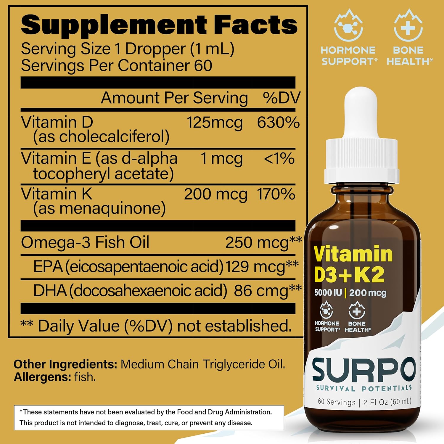Liquid Vitamin D3 and K2 Drops with Omega 3 Oil for Hormone Support and Bone Health - 5000 IU Vitamin D - Maximum Absorption - 2Fl Oz Bottle - Espot.com.au