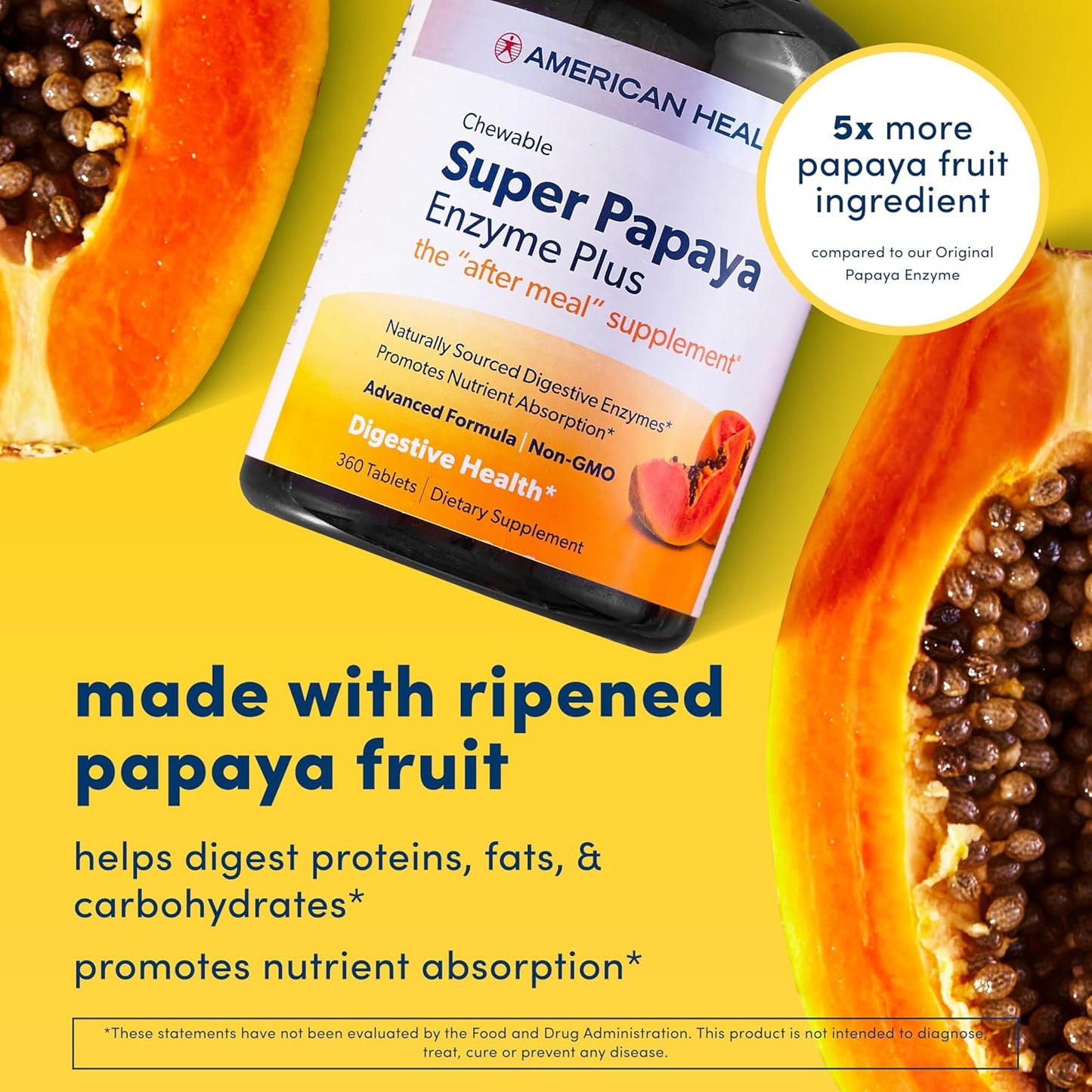 Natural Peppermint Flavored Papaya Enzyme Plus Chewable Tablets - Supports Digestion & Nutrient Absorption - With Papain & Other Enzymes - 90 Count, 30 Servings - Espot.com.au
