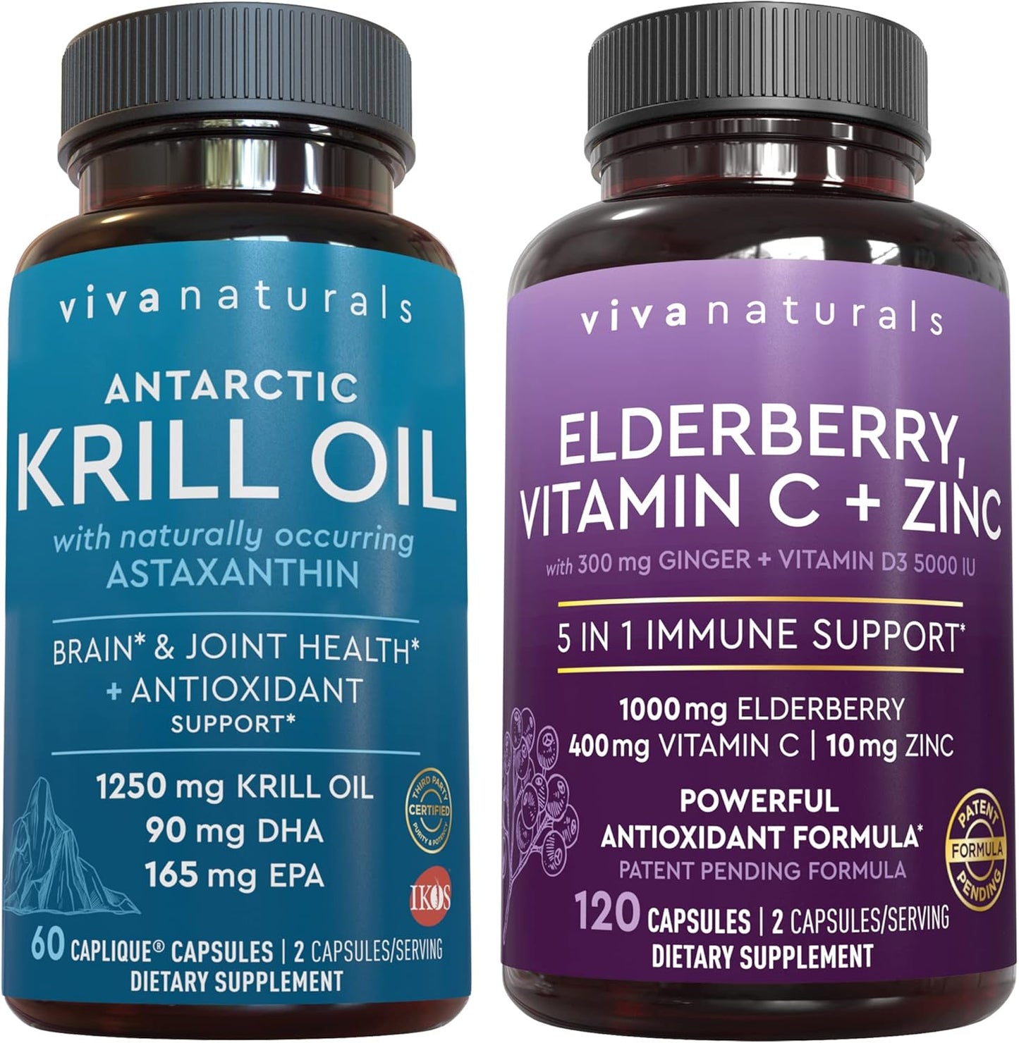 Antarctic Krill Oil and Elderberry Bundle with Vitamin C, Zinc, and Vitamin D3 - 1250mg Krill Oil for Joint Health, Elderberry for Immune Support, Omega 3 EPA and DHA - Espot.com.au