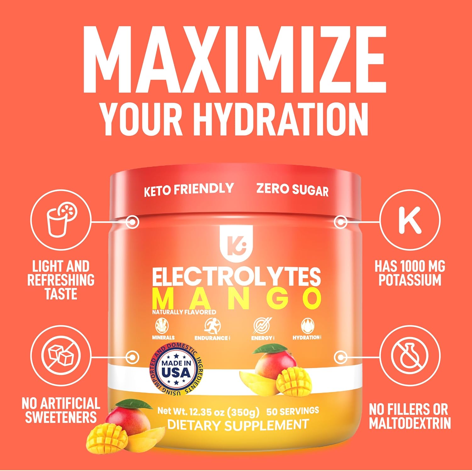 Mango Flavored Keto Electrolyte Powder with No Sugar - Hydration Support for Keto Dieters - Sugar-Free Electrolyte Supplement - Sips Like Sunshine - Espot.com.au