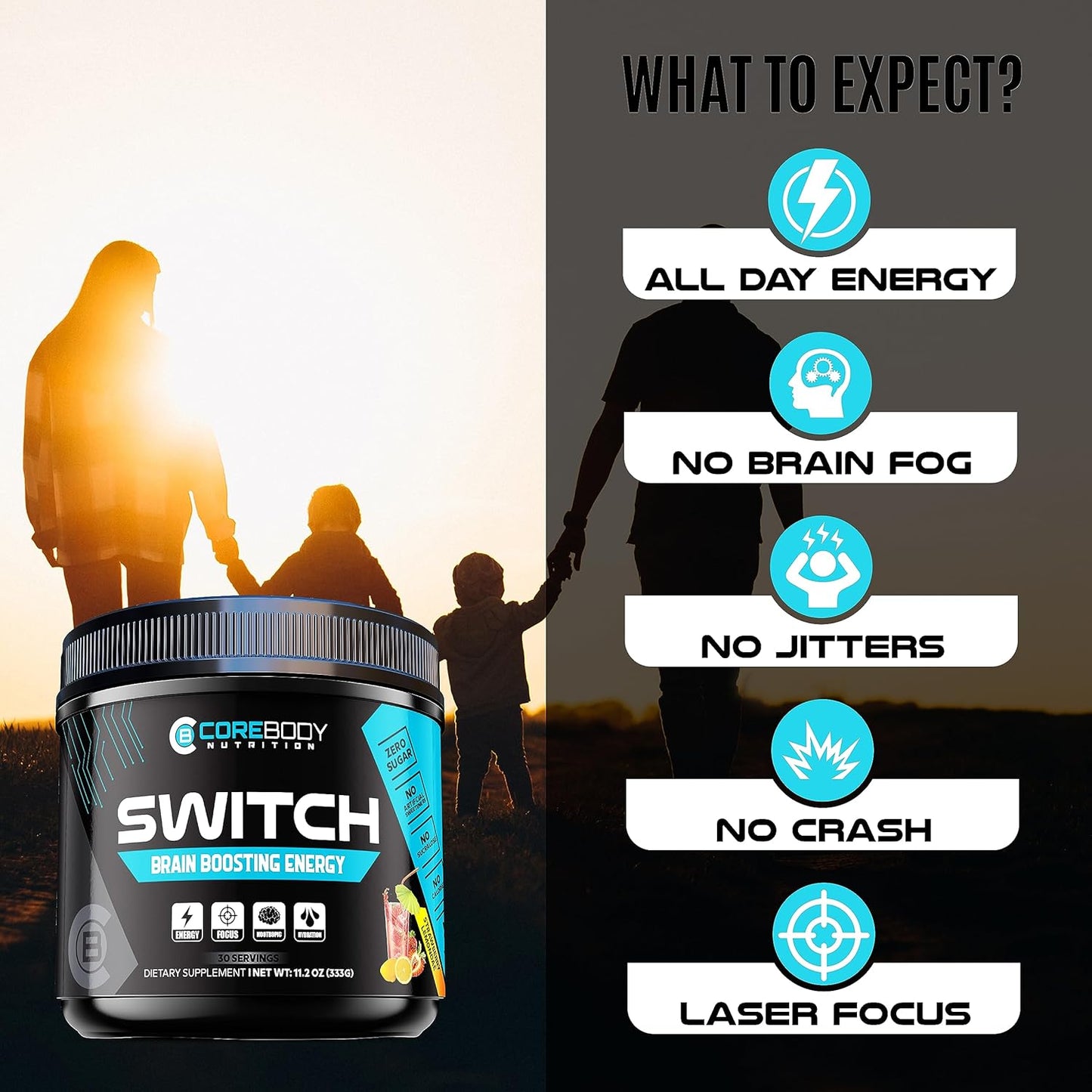 Brain Boosting Nootropic Energy Supplement with Alpha GPC & Ashwagandha - Enhance Mental Focus, Cognitive Function, Mood & Memory - Sugar Free Energy Powder for Keto - CoreBody Nutrition Switch - Espot.com.au