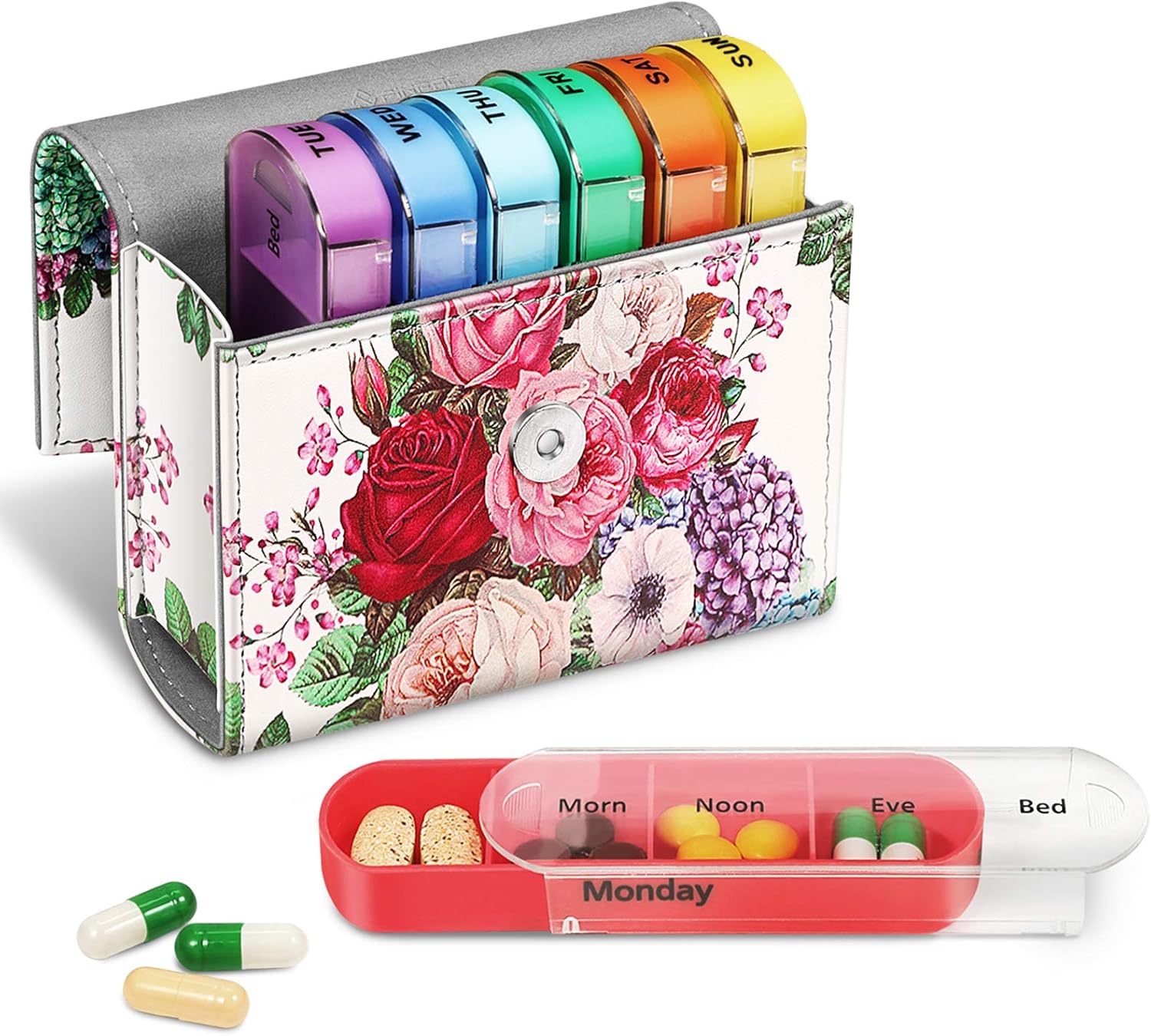 finpac-weekly-pill-organizer-4-times-a-day-in-slide-open-pu-leather-case---travel-pill-reminder-and-planner-with-name-card-for-morning-afternoon-evening-bedtime---flower-festival-1
