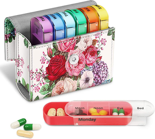 finpac-weekly-pill-organizer-4-times-a-day-in-slide-open-pu-leather-case---travel-pill-reminder-and-planner-with-name-card-for-morning-afternoon-evening-bedtime---flower-festival-1