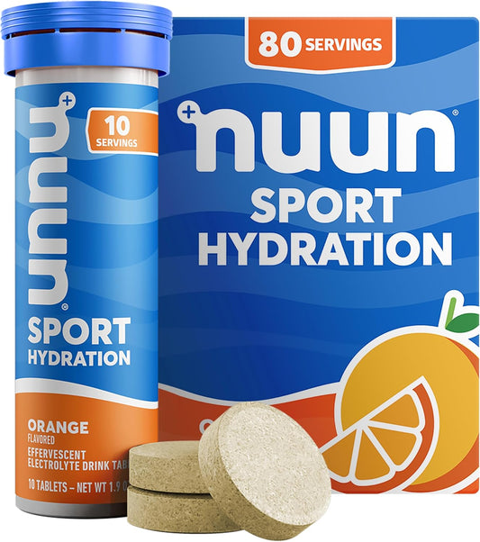 Nuun Sport Electrolyte Tablets - Orange Flavor, Dissolvable in Water, Hydration Drink Mix with 5 Essential Electrolytes, Vegan, Non-GMO - 8 Pack (80 Servings) - Espot.com.au