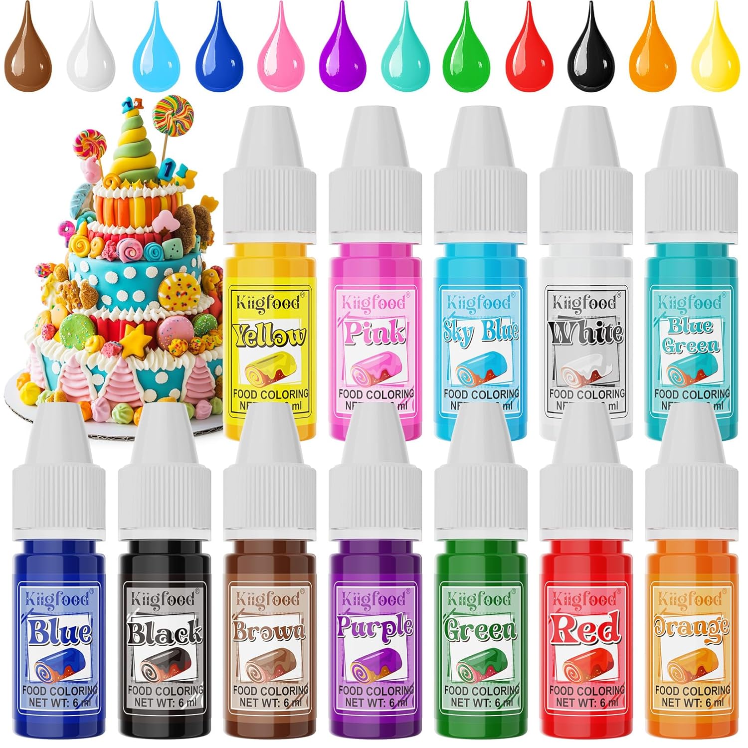 kiigfood-12-colors-concentrated-liquid-food-coloring-set---food-grade-dye-for-cake-decorating-baking-cooking---6mlbottle---perfect-for-diy-slime-macaron-easter-egg-1