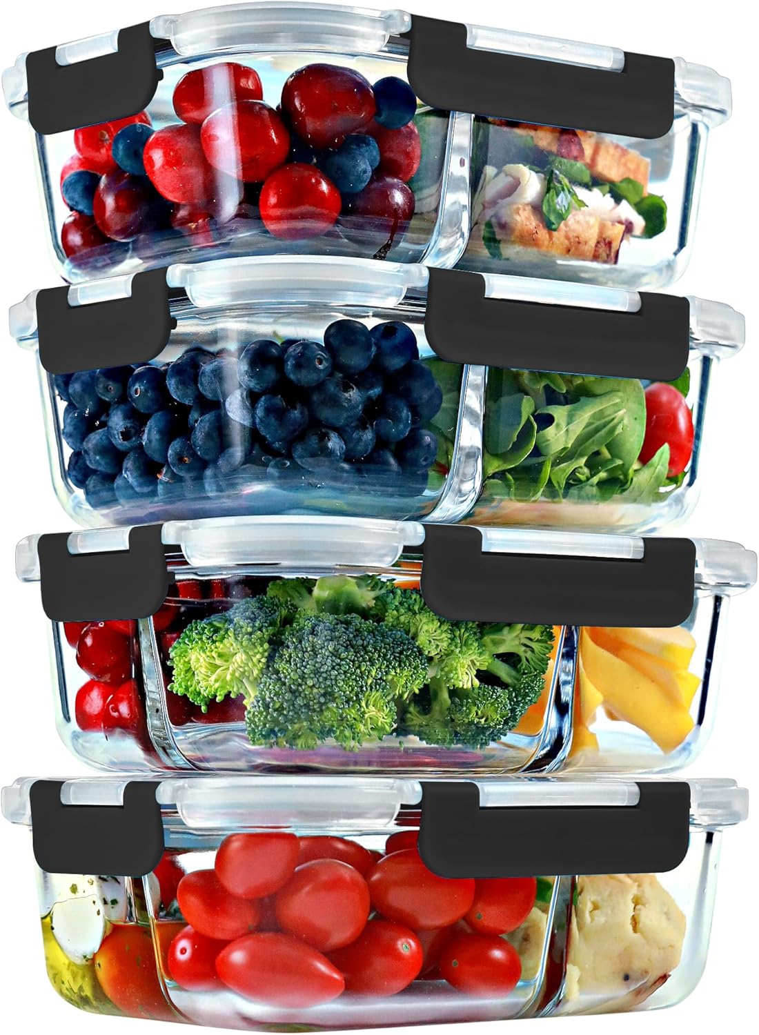 fit-strong-healthy-glass-meal-prep-containers---2-3-compartments-portion-control-lunch-container-set---food-storage-with-airtight-lids-oven-freezer-safe---leak-proof-bento-box-32-oz-black---4-pack-1