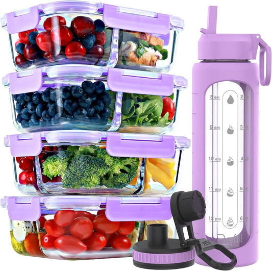 fit-strong-healthy-glass-meal-prep-containers-with-lavender-lids-4-pack-32-oz-and-water-bottle-bundle---2-3-compartment-straw-lid-time-marker-sleeve-1