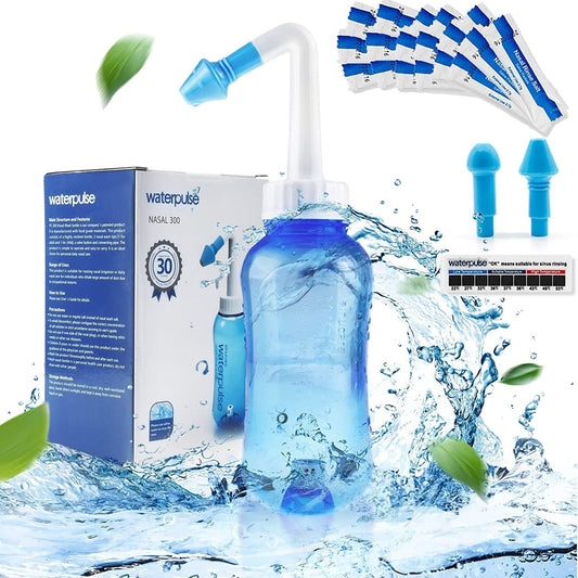 300ml-waterpulse-neti-pot-sinus-rinse-bottle-with-sticker-thermometer---nasal-wash-cleaner-for-adults-kids---includes-30-salt-packets---blue-1