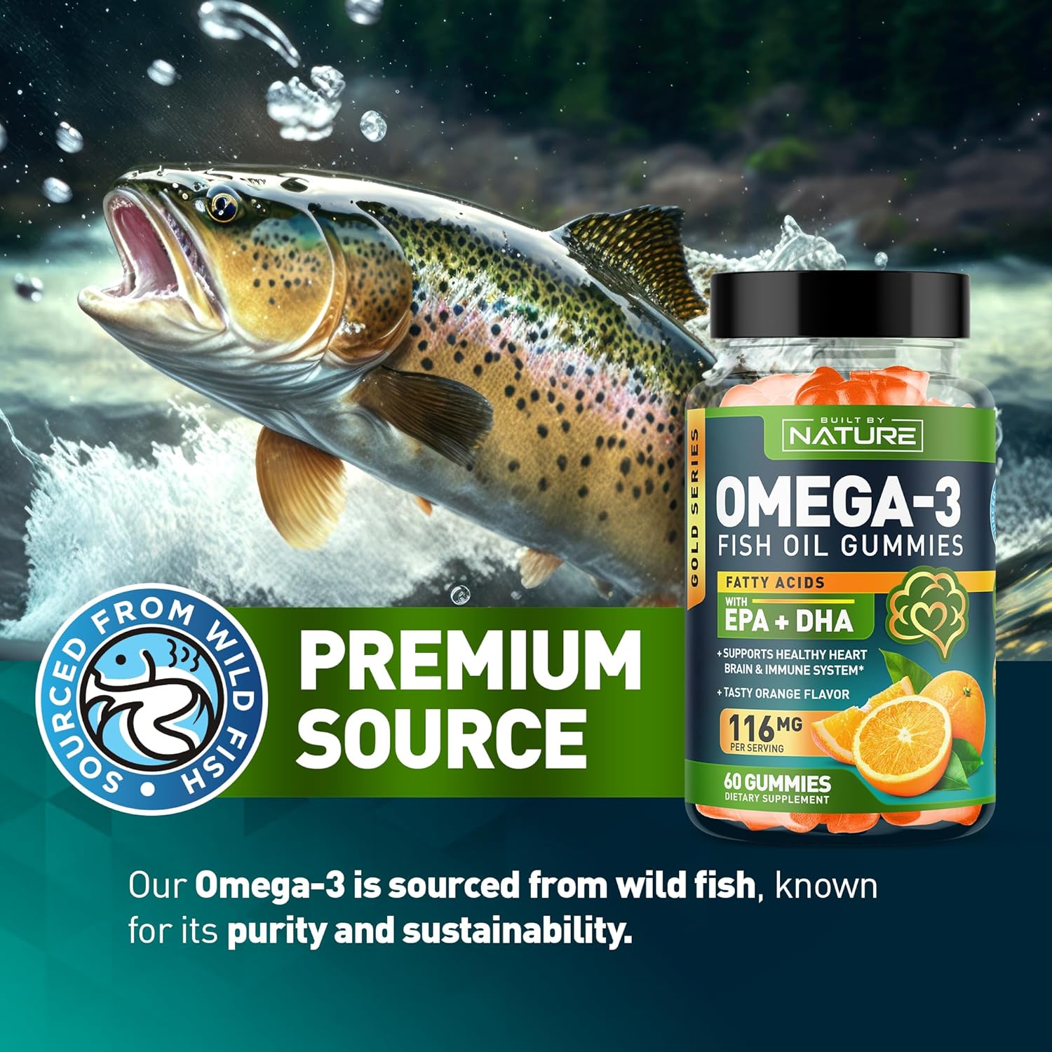 Triple Strength Omega 3 Fish Oil Gummies with EPA & DHA, 60 Gummies - Supports Heart, Brain & Immune System - Natural, Burpless Formula - 30 Day Supply - Made from Wild Fish - Espot.com.au
