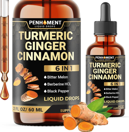 Premium 6-in-1 Liquid Turmeric Curcumin Supplement with Ginger, Berberine, Ceylon Cinnamon, Bitter Melon & Black Pepper - Joint Support Drops - 2FL oz - 60 Servings - Espot.com.au