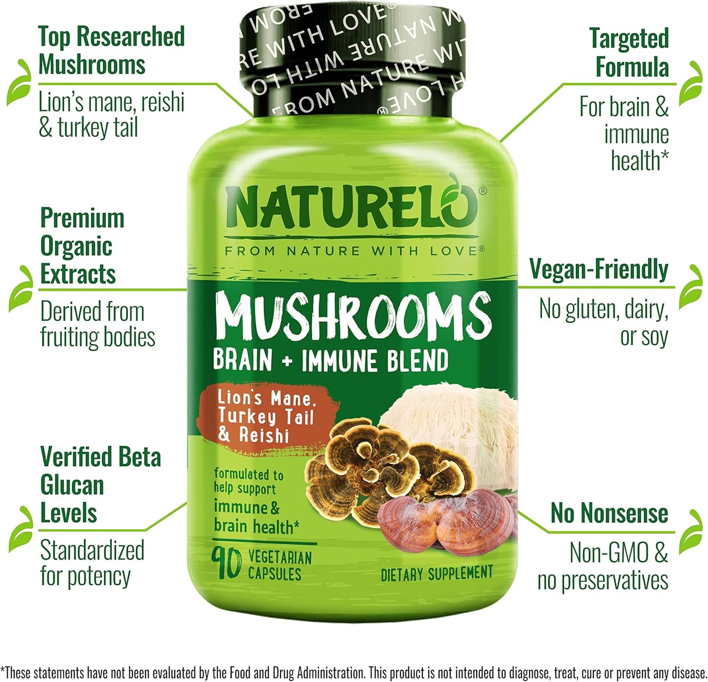 NATURELO Mushroom Supplement for Brain and Immune Health - Lion's Mane, Reishi, Turkey Tail - 90 Vegan Capsules - Espot.com.au