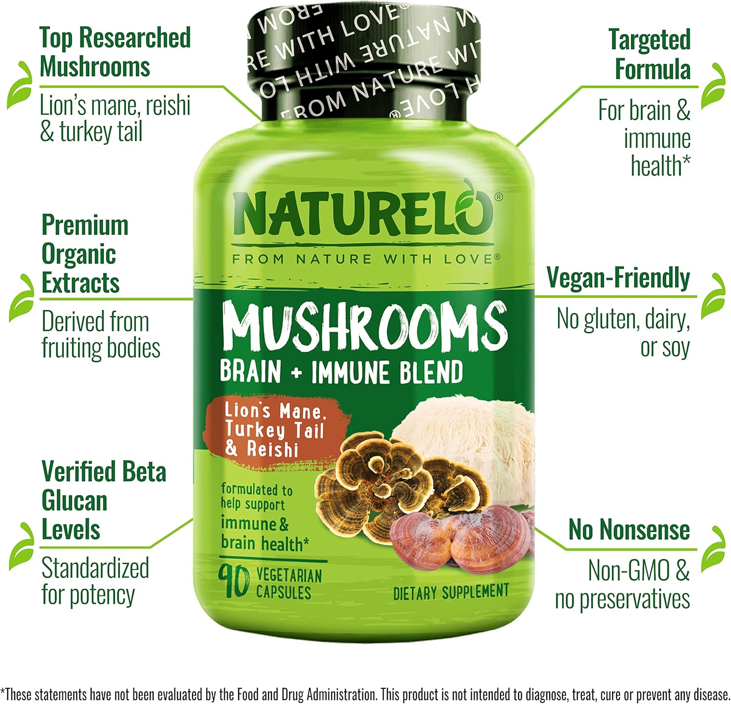 NATURELO Mushroom Supplement for Brain and Immune Health - Lion's Mane, Reishi, Turkey Tail - 90 Vegan Capsules - Espot.com.au