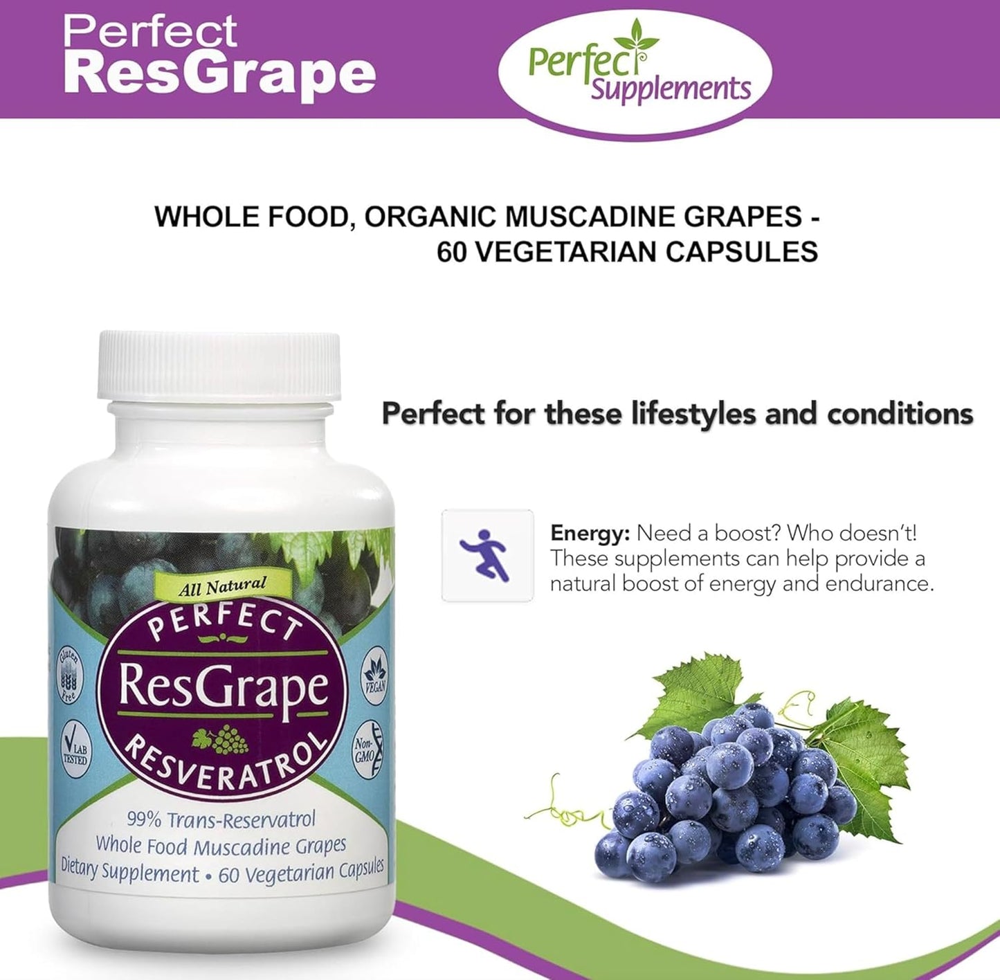 Organic Muscadine Grape Resveratrol Supplement - 60 Veggie Capsules - High-Quality Trans-Resveratrol Formula by Perfect Supplements - Espot.com.au