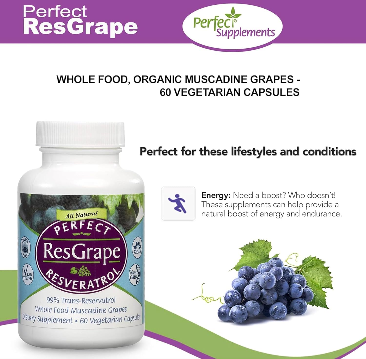 Organic Muscadine Grape Resveratrol Supplement - 60 Veggie Capsules - High-Quality Trans-Resveratrol Formula by Perfect Supplements - Espot.com.au