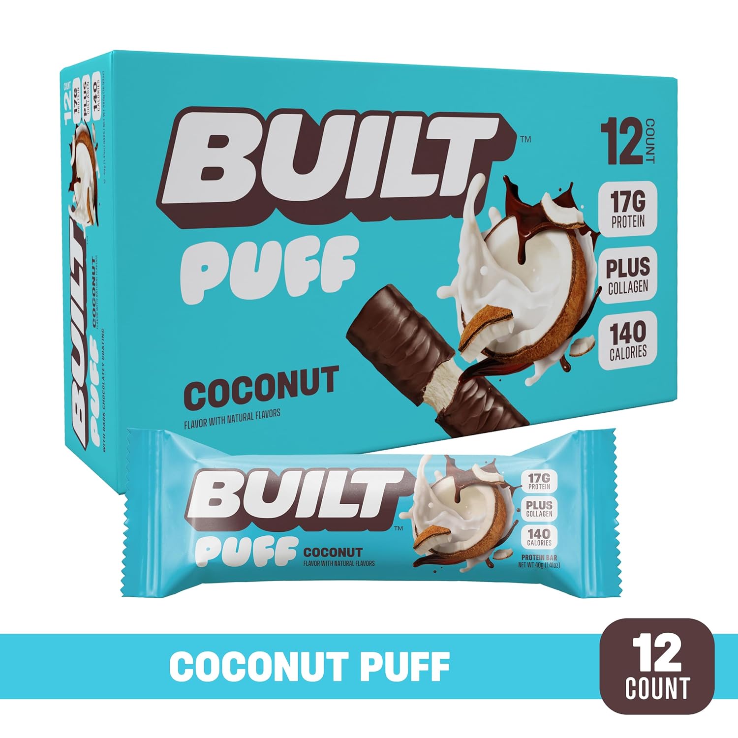 Built Bar Coconut Puff Protein Bars - High Protein Snacks, On-The-Go Bars - 12 Count, 17g Protein, 140 Calories, 6g Sugar - Collagen, Gluten Free - Espot.com.au