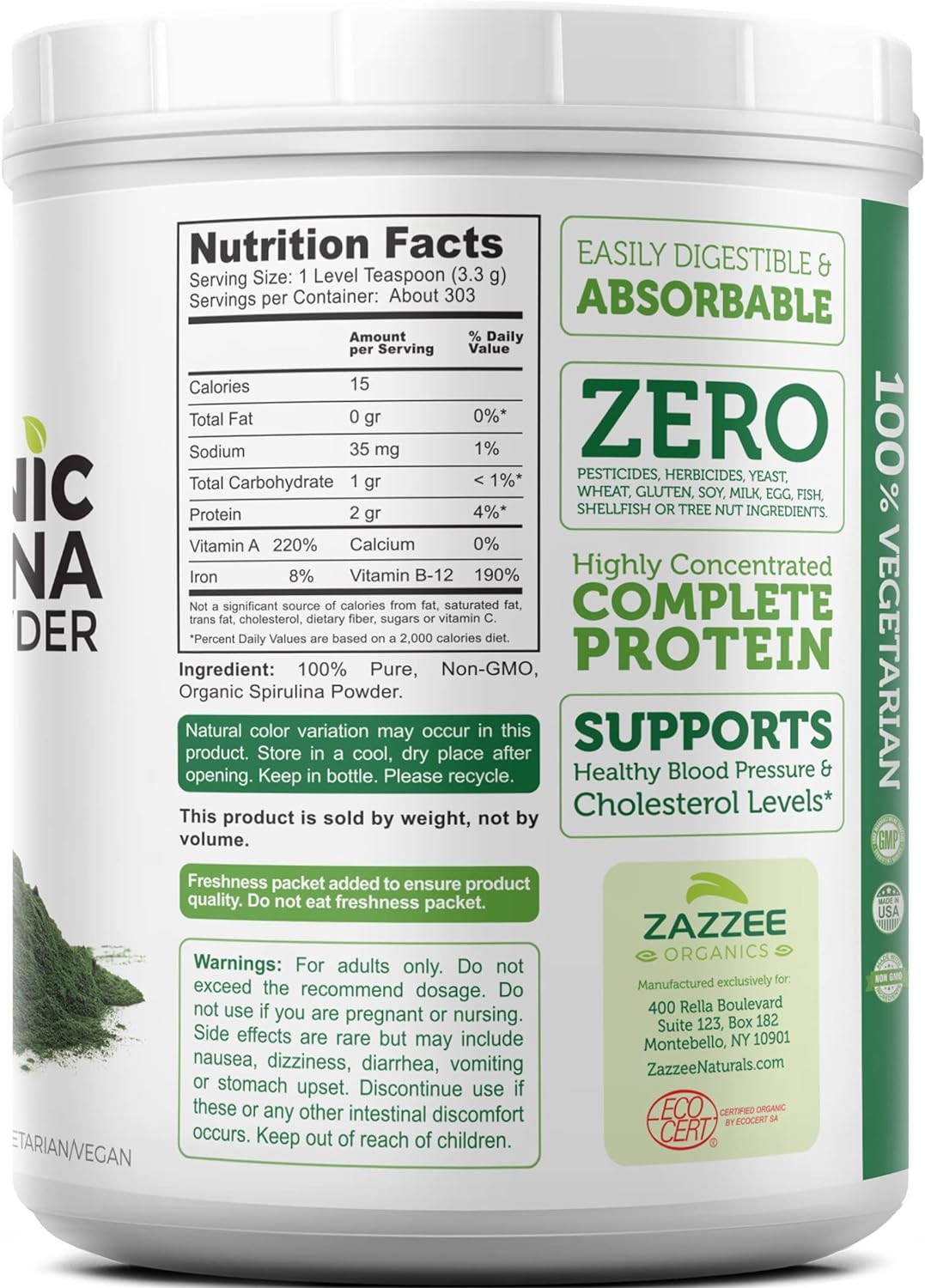 Organic Spirulina Powder - 2.2lbs (1KG) USDA Certified - 303 Servings - Pure, Non-Irradiated - Wide Mouth Container - Fresh Smell, Neutral Taste - Vegan, Non-GMO, Gluten-Free - Espot.com.au
