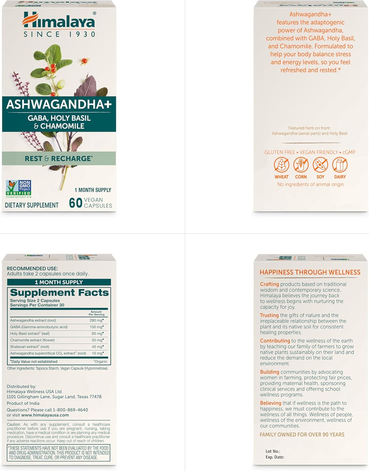 Himalaya Ashwagandha+ with GABA, Holy Basil & Chamomile - Stress Relief & Relaxation - Vegan, Gluten Free - 540mg, 60 Capsules - Espot.com.au