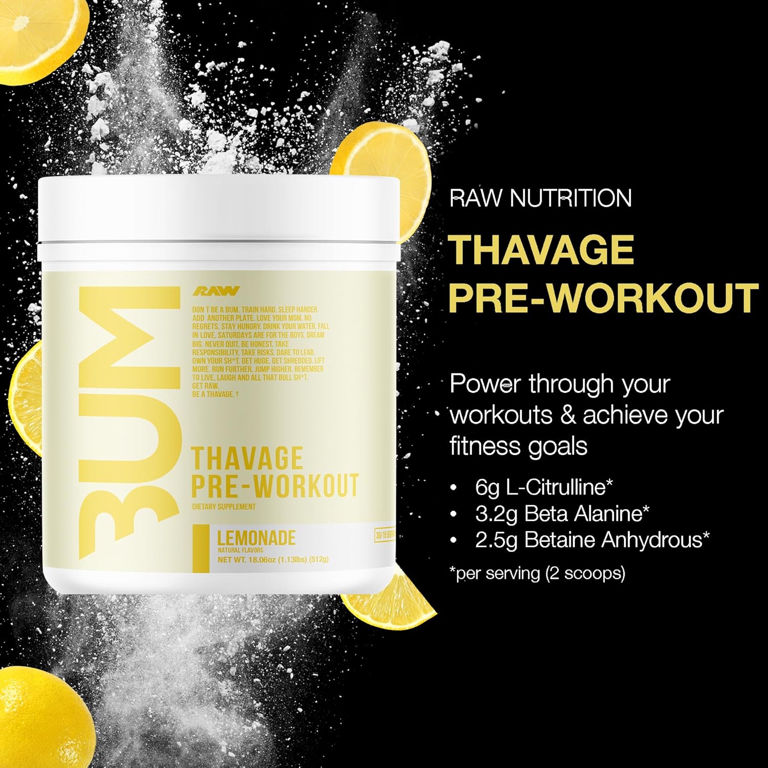 Thavage Raw Preworkout Powder (Lemonade) by Chris Bumstead - Sports Nutrition Supplement for Men & Women - Cbum Pre Workout for Hydration, Focus, Energy - 40 Servings - Espot.com.au