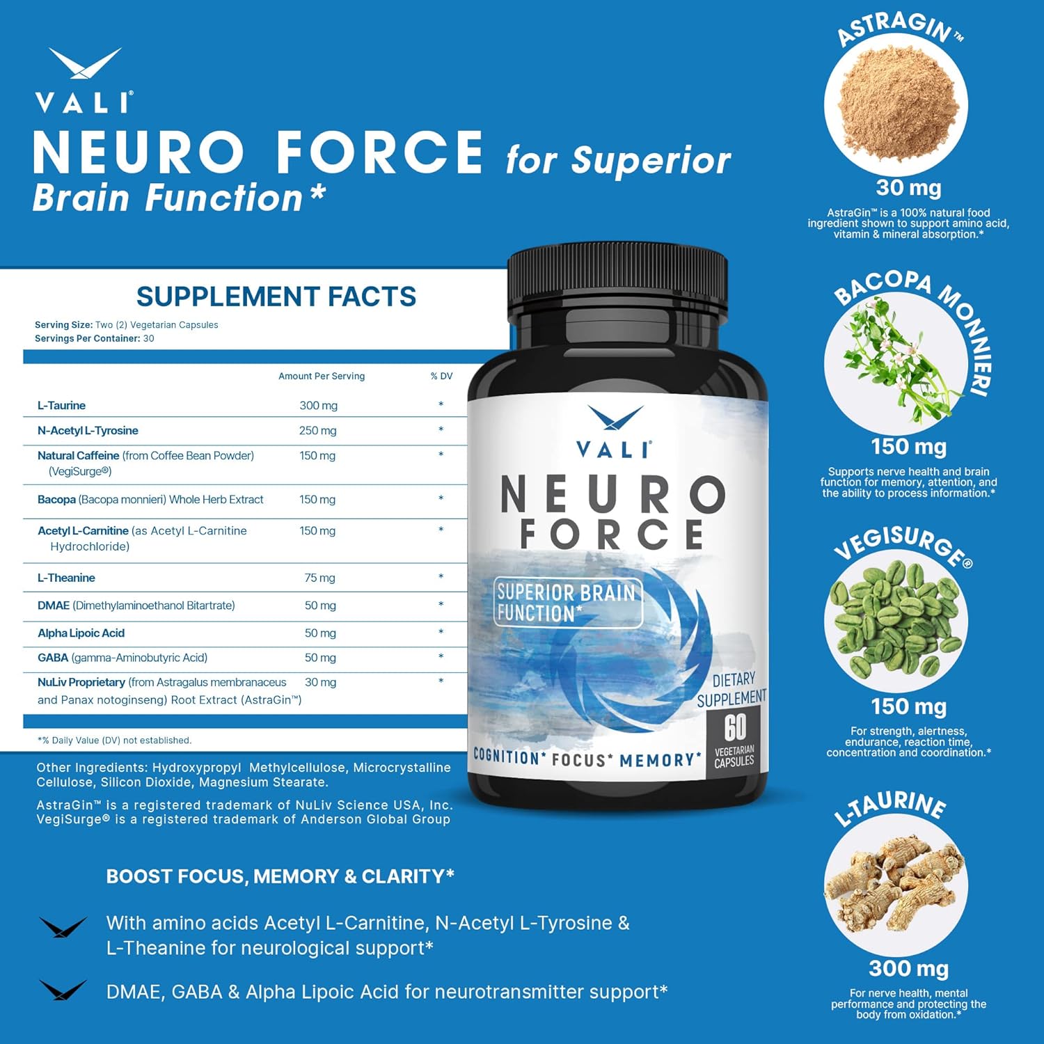 Extra Strength Brain Booster Supplement for Focus, Memory, Clarity & Energy - Nootropic Cognitive Function Support with Natural Caffeine - 60 Veggie Capsules - Espot.com.au