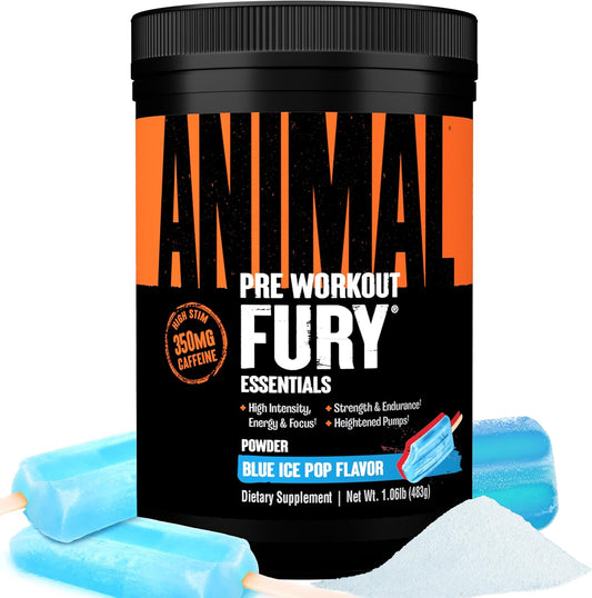 Animal Fury Pre Workout Powder - Energy & Focus Supplement with BCAAs, Caffeine, Beta-Alanine - Nitric Oxide Booster for Men & Women - Blue Ice Pop Flavor - 30 Servings - Espot.com.au