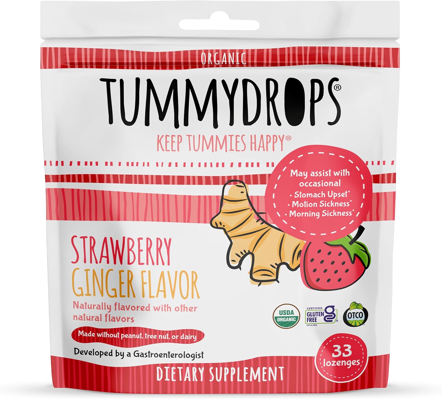 Organic Strawberry Ginger Tummydrops: Gluten-Free & Vegan Lozenges - 33 Individually Wrapped Organic Ginger Drops - Espot.com.au
