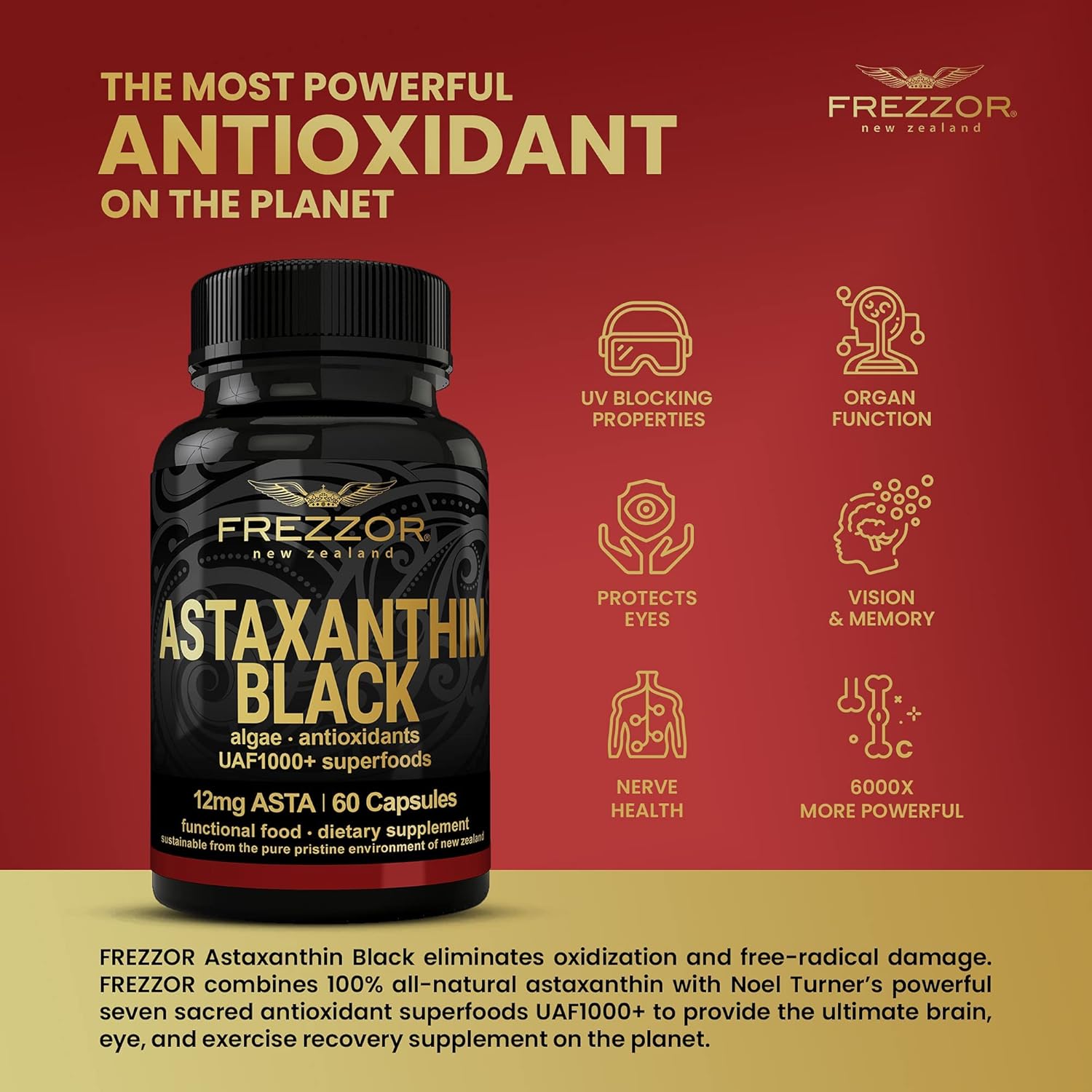 Astaxanthin Black UAF1000+ Super Antioxidant Softgels - Heart, Eye & Brain Health Support, Anti-Aging Skincare - 12mg Astaxanthin - 180 Softgels, 3 Month Supply - Espot.com.au