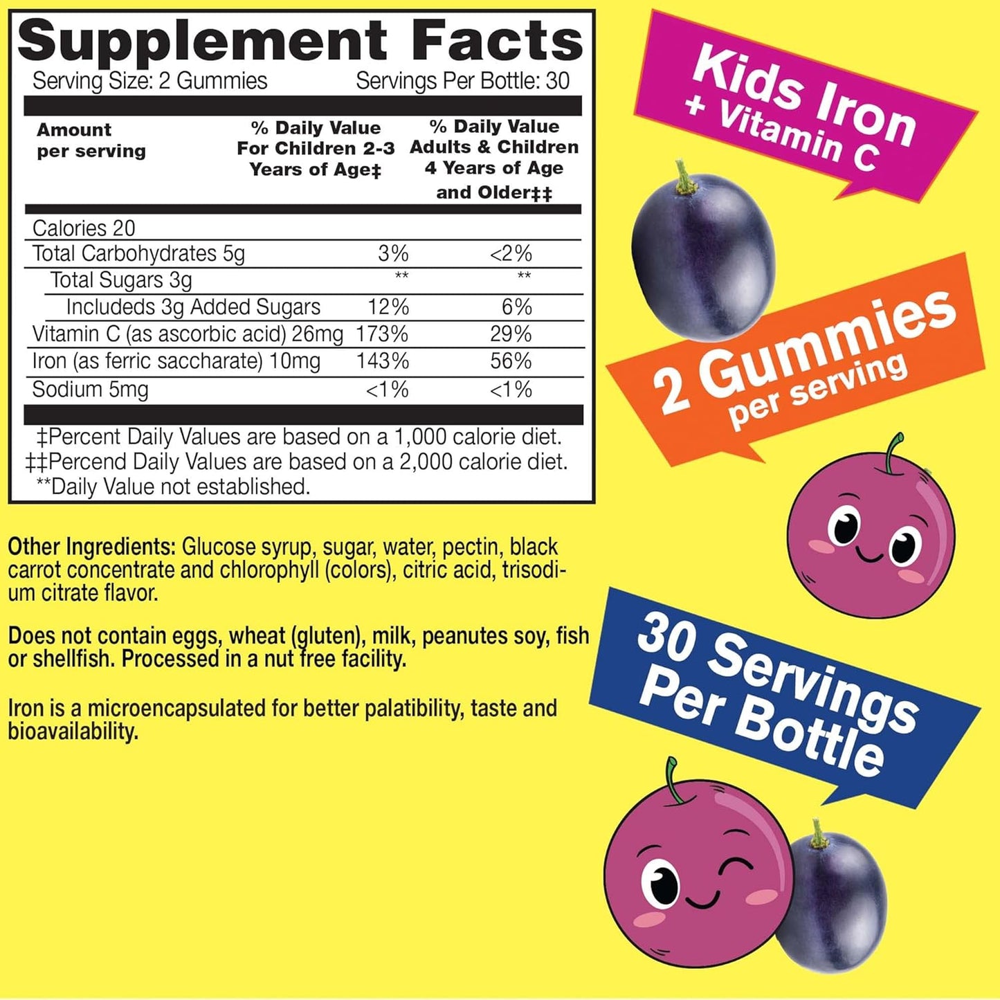 Kids Iron Gummies with Vitamin C - Anemia & Immunity Support - Natural Grape Flavor - 60 Count - Espot.com.au