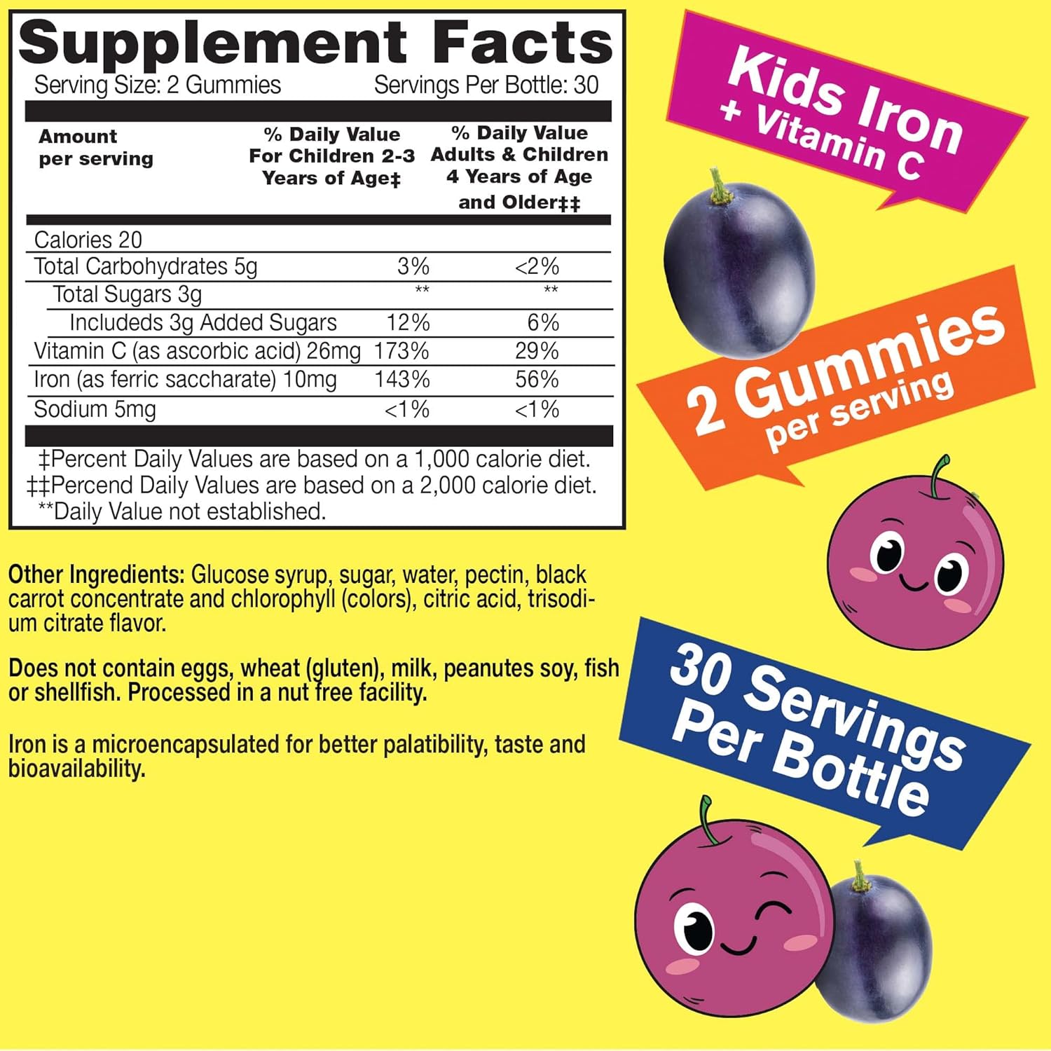 Kids Iron Gummies with Vitamin C - Anemia & Immunity Support - Natural Grape Flavor - 60 Count - Espot.com.au