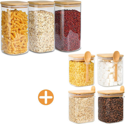 set-of-4-airtight-glass-storage-canisters-with-wood-and-bamboo-lids---square-containers-for-noodles-flour-sugar-tea-coffee---50oz-and-31oz-jars-with-spoons---kitchen-organization-solution-1