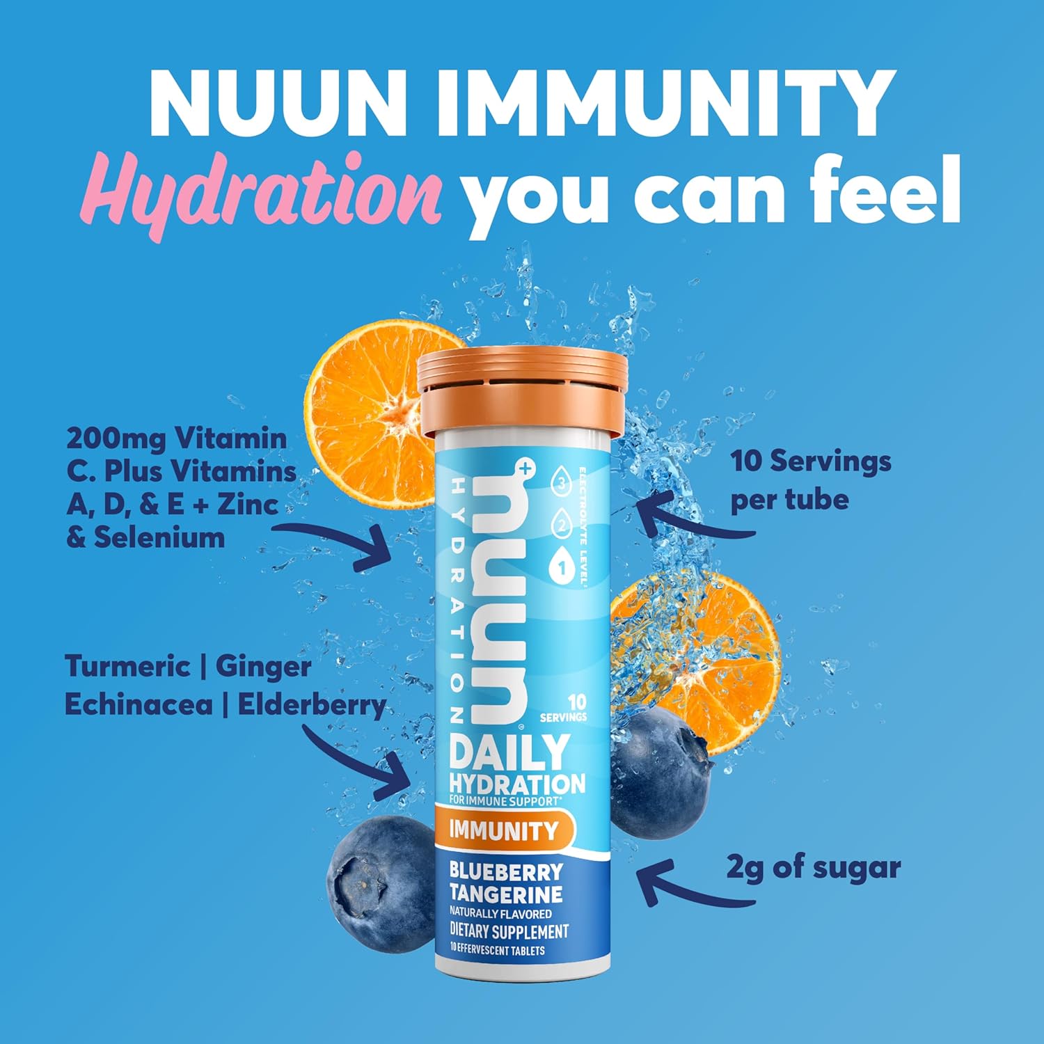 Nuun Hydration Immunity Electrolyte Tablets - Blueberry Tangerine Flavor, 200mg Vitamin C, 5 Essential Electrolytes, Ginger & Turmeric, Vegan, Non-GMO - 8 Pack (80 Servings) - Espot.com.au
