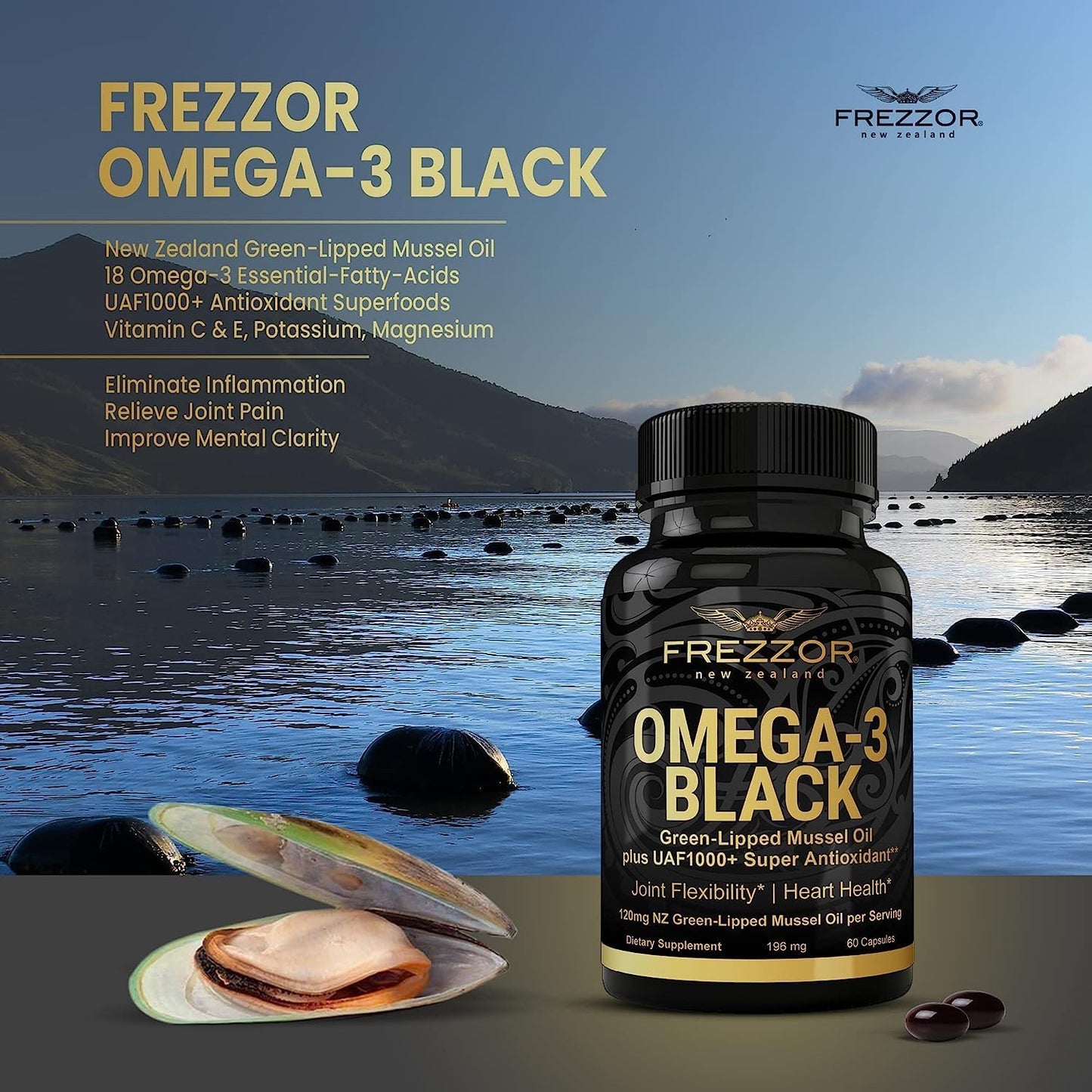 High Potency FREZZOR Omega 3 Black Green Lipped Mussel Oil for Joint Comfort, Mobility & Collagen Support - 60 Softgels + Collagen Peptides - Espot.com.au