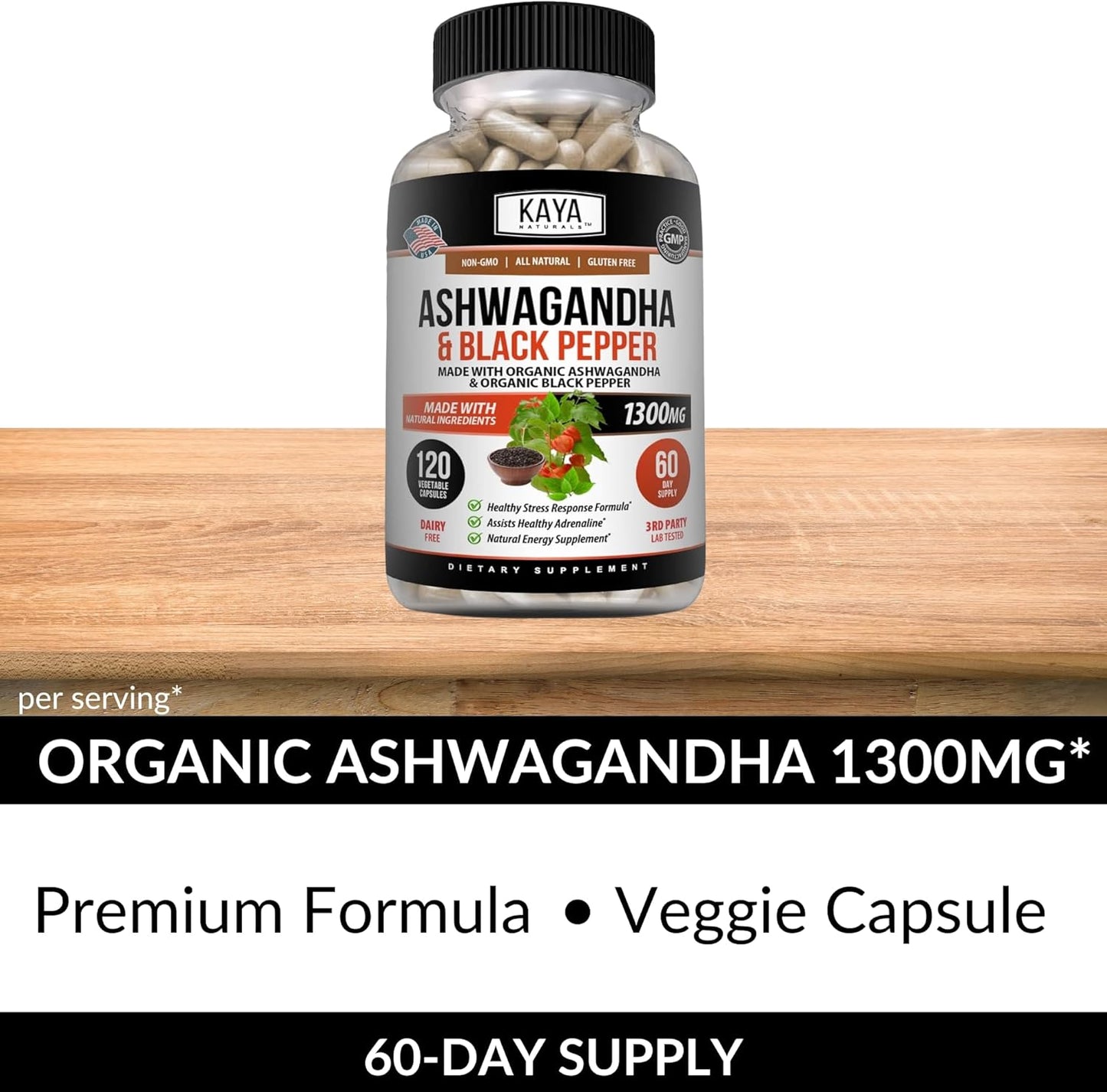 Organic Ashwagandha Capsules 1300mg - Stress Relief, Adrenal & Thyroid Support with Black Pepper - 120 Count - 100% Pure Ashwagandha - Kaya Naturals - Espot.com.au