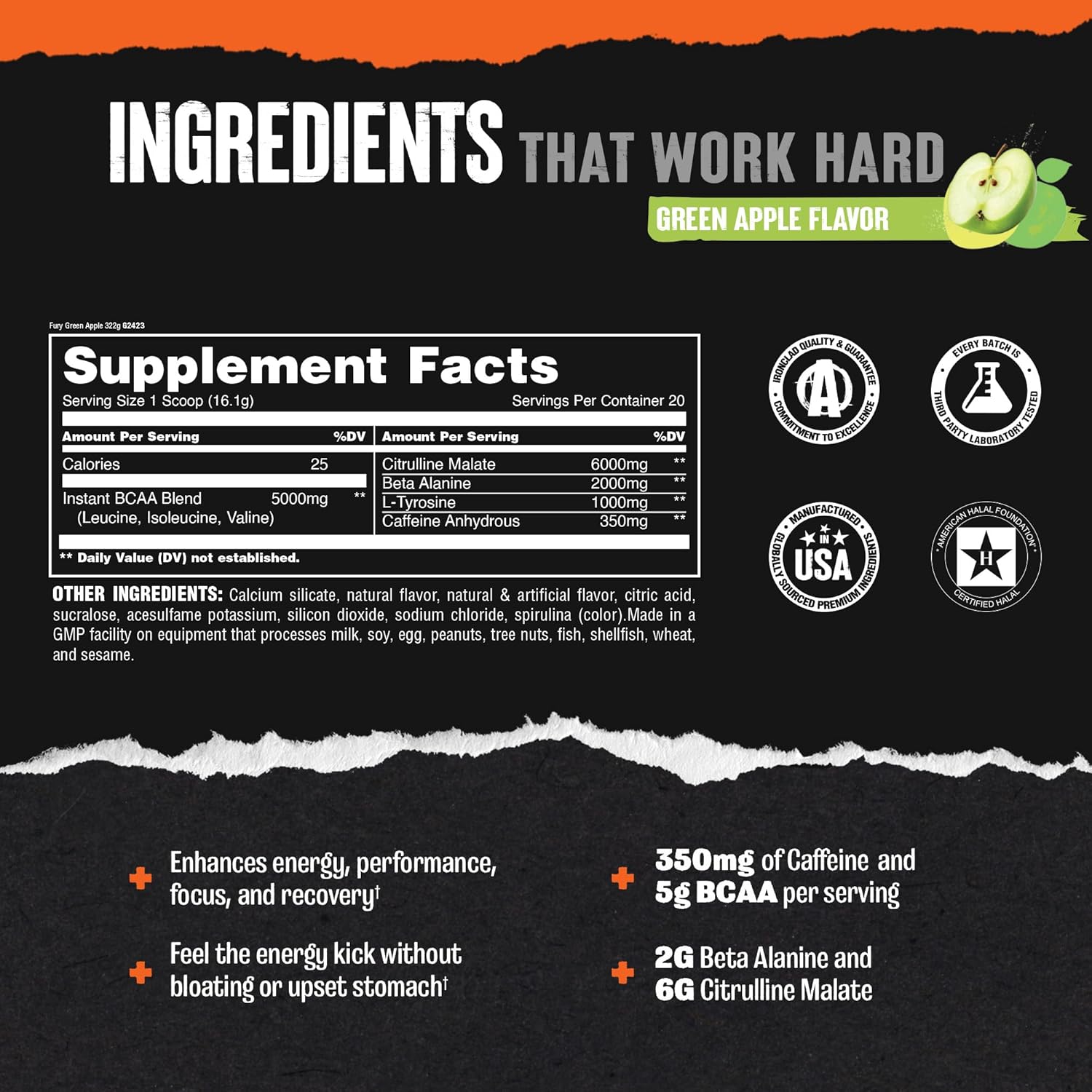 Animal Fury Pre Workout Powder - Energy and Focus Supplement with BCAAs, Caffeine, and Beta-Alanine for Enhanced Performance - Green Apple Flavor - 20 Servings - Espot.com.au
