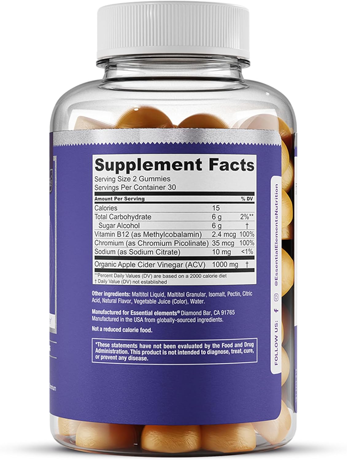 Naturally-Sourced Vegan ACV Gummies with Chromium - Zero-Sugar Apple Cider Vinegar Gummies (2-Pack, 60 Count) - Espot.com.au