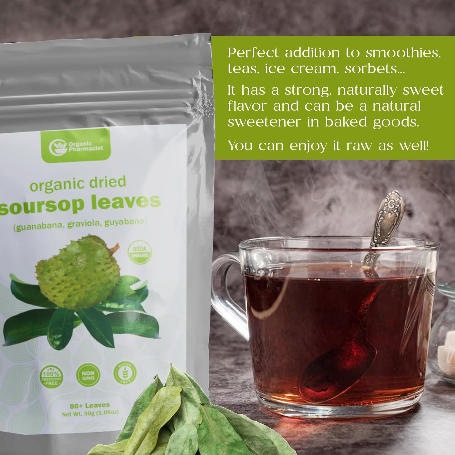 Organic Soursop Leaves for Tea and Extract, 30g, 80+ Whole Leaves - Graviola Leaf, Guanabana, Guyabano - by Organic Pharmacist - Espot.com.au