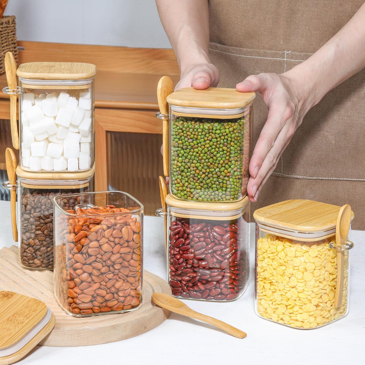 set-of-4-airtight-glass-storage-canisters-with-wood-and-bamboo-lids---square-containers-for-noodles-flour-sugar-tea-coffee---50oz-and-31oz-jars-with-spoons---kitchen-organization-solution-6