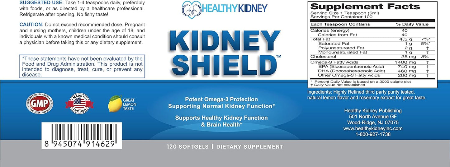 Kidney Shield Omega 3 Fish Oil Supplements for Kidney Health - Supports Normal Function & Cleanse Detox - 120 Lemon Softgels - Espot.com.au