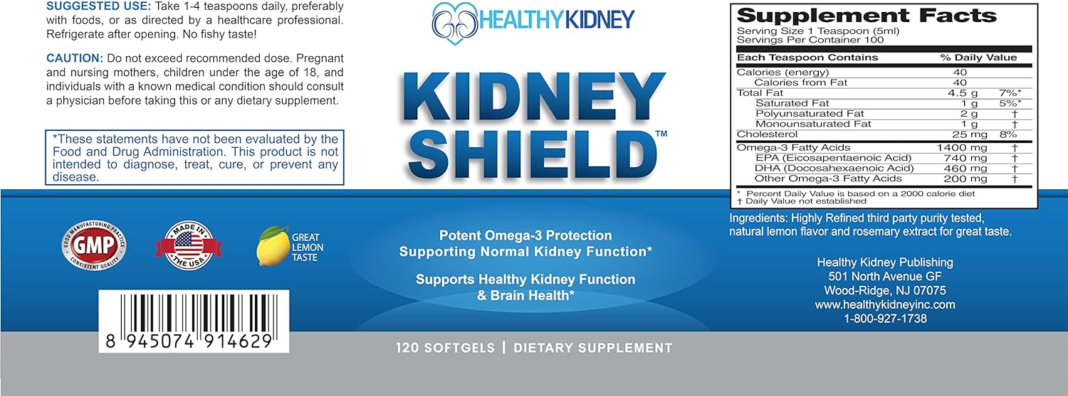 Kidney Shield Omega 3 Fish Oil Supplements for Kidney Health - Supports Normal Function & Cleanse Detox - 120 Lemon Softgels - Espot.com.au