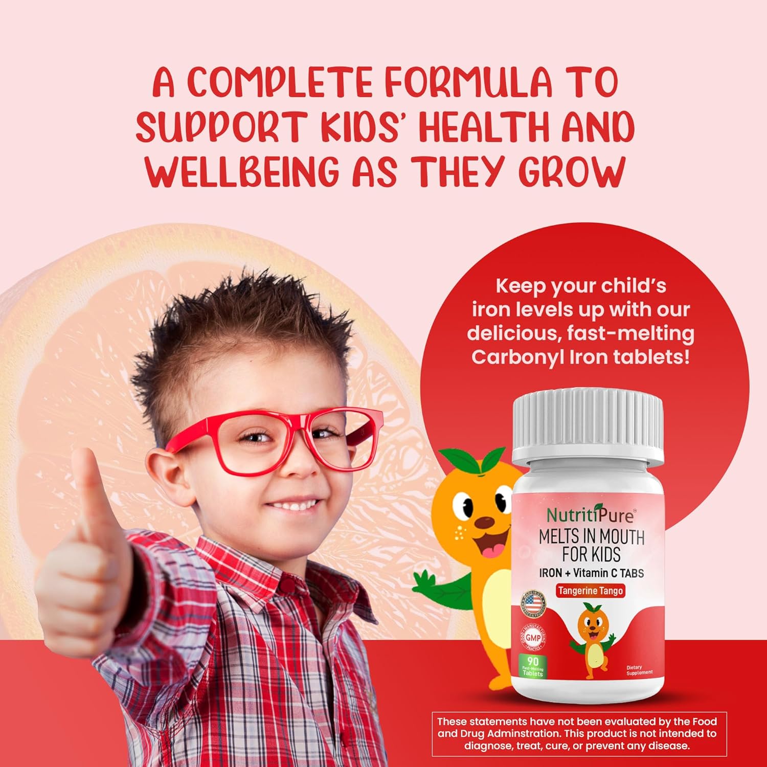 NutritiPure Kids Chewable Iron Supplements with Vitamin C - 90 Tablets, Tangerine Tango Orange Flavor, 9mg Ferronyl/Carbonyl Iron - Pediatric Iron Supplement - Espot.com.au