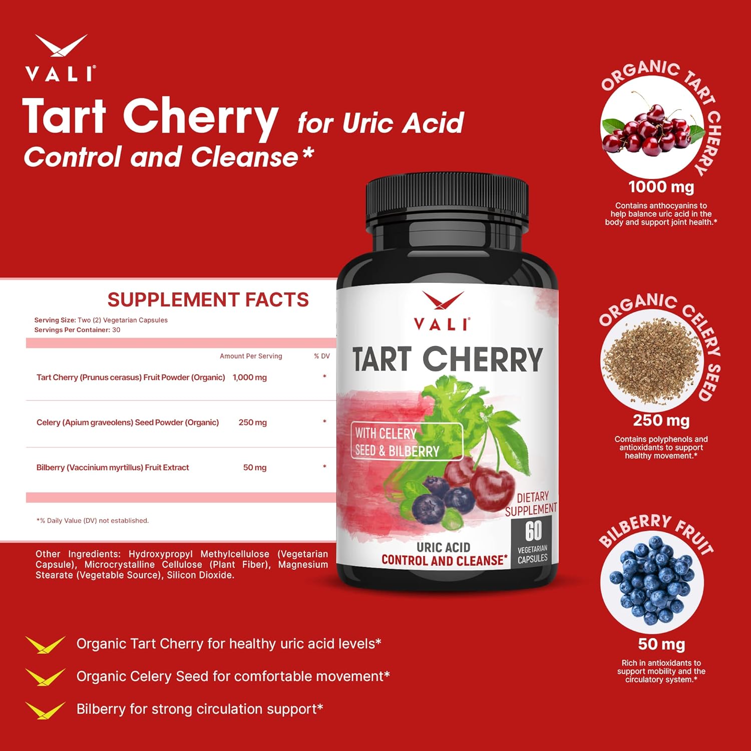 Organic Tart Cherry Uric Acid Cleanse Supplement with Celery & Bilberry Extracts for Joint Support & Muscle Health - 60 Capsules - Espot.com.au