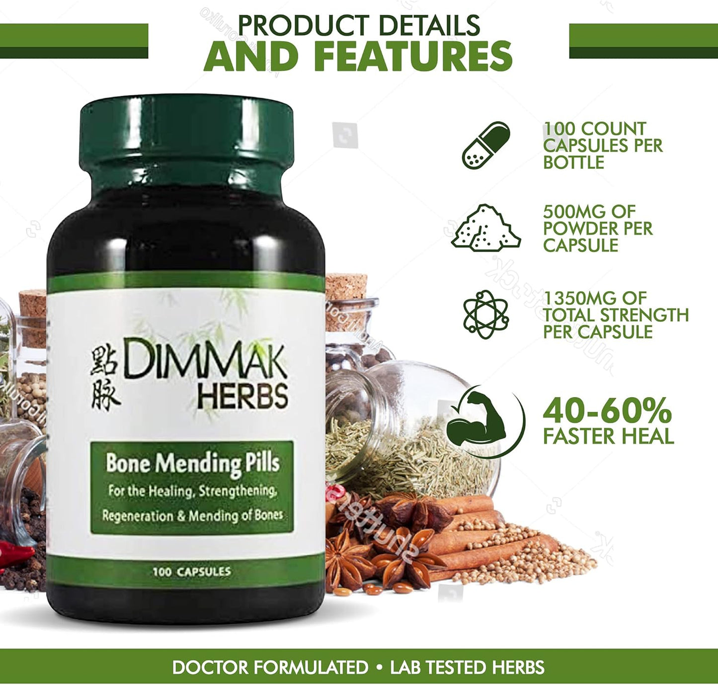 Dimmak Herbs Bone Mending Supplement for Bone Fracture Healing & Strengthening - 500mg, 100 Capsules - Espot.com.au